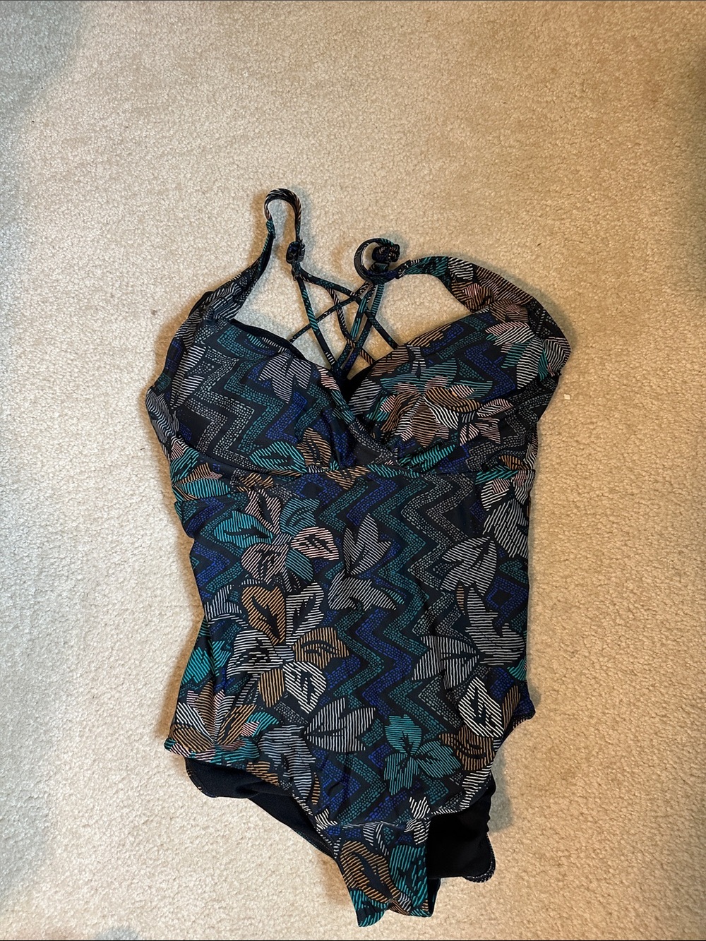 Women's PrAna Floral Kayana One Piece Swimsuit Blue Multi Print SZ Medium 36D